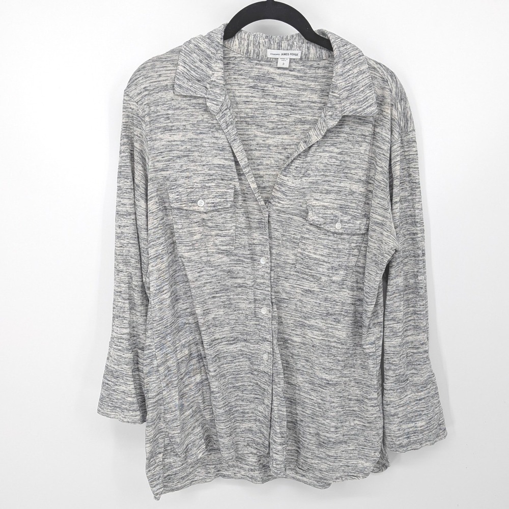 James Perse Button Down Shirt Womens Large Grey Space Dye Marled Cotton Knit Top